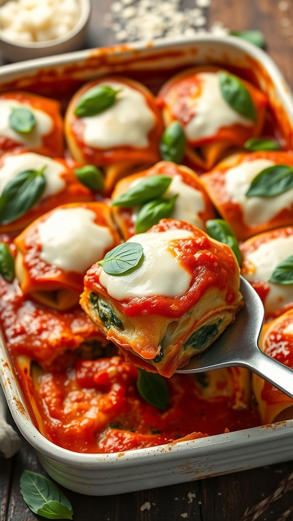 A baked casserole of jumbo shells stuffed with spinach and ricotta, topped with marinara and melted mozzarella, garnished with basil.